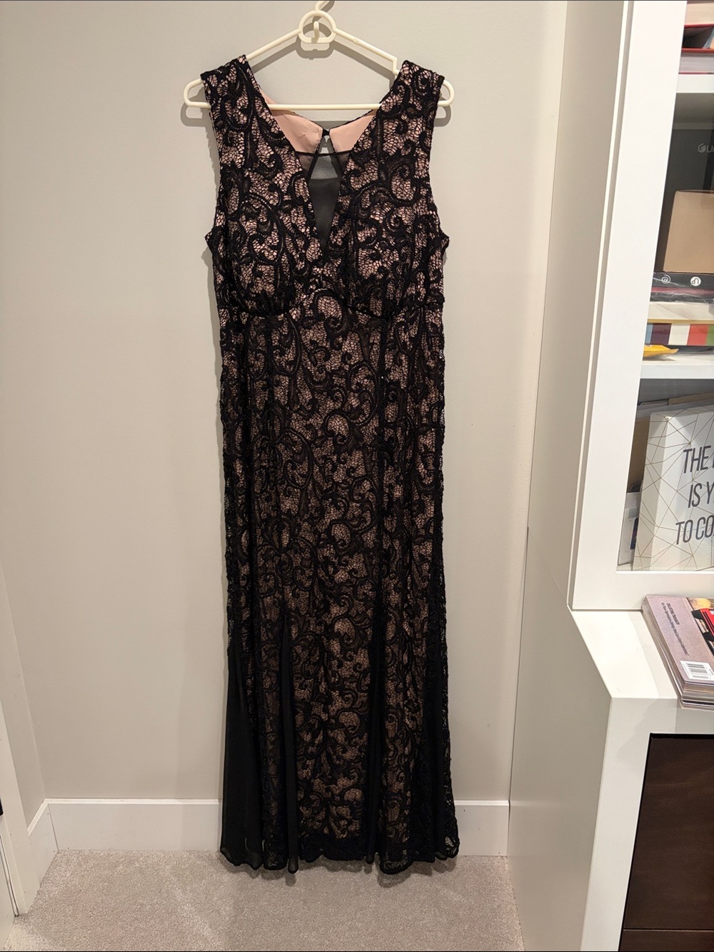 Black Lace Overlay Evening Dress with Nude Lining